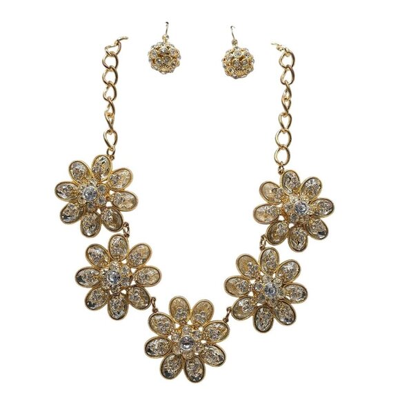 Gold Tone Flower Necklace Matching Crystal Ball Earrings Set - Picture 1 of 7